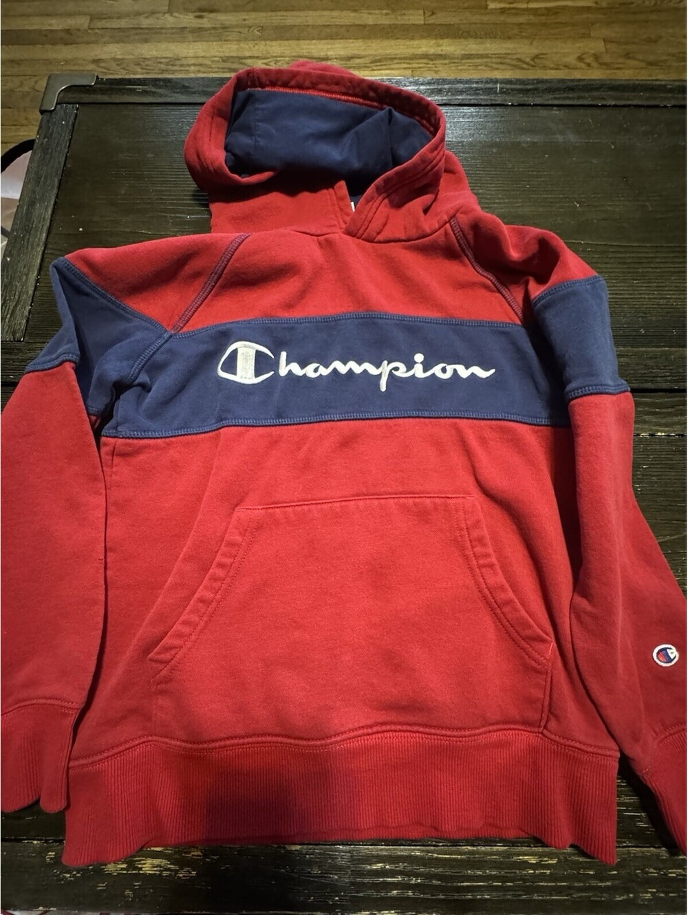 Champion Boys Hoodie Size M 8 Red Navy Colorblock Script Logo Pullover Fleece